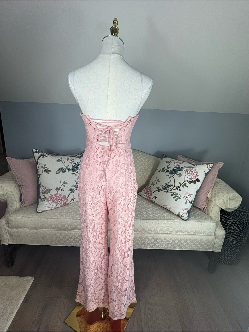 Blush Lace Corset Jumpsuit NWT Strapless Wide Leg Main Strip Size S - Picture 8 of 11